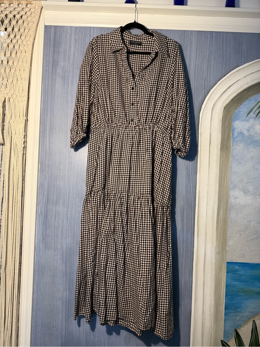 Lane Bryant Gingham Perfect Sleeve Tiered Midi Dress Black & White 16W